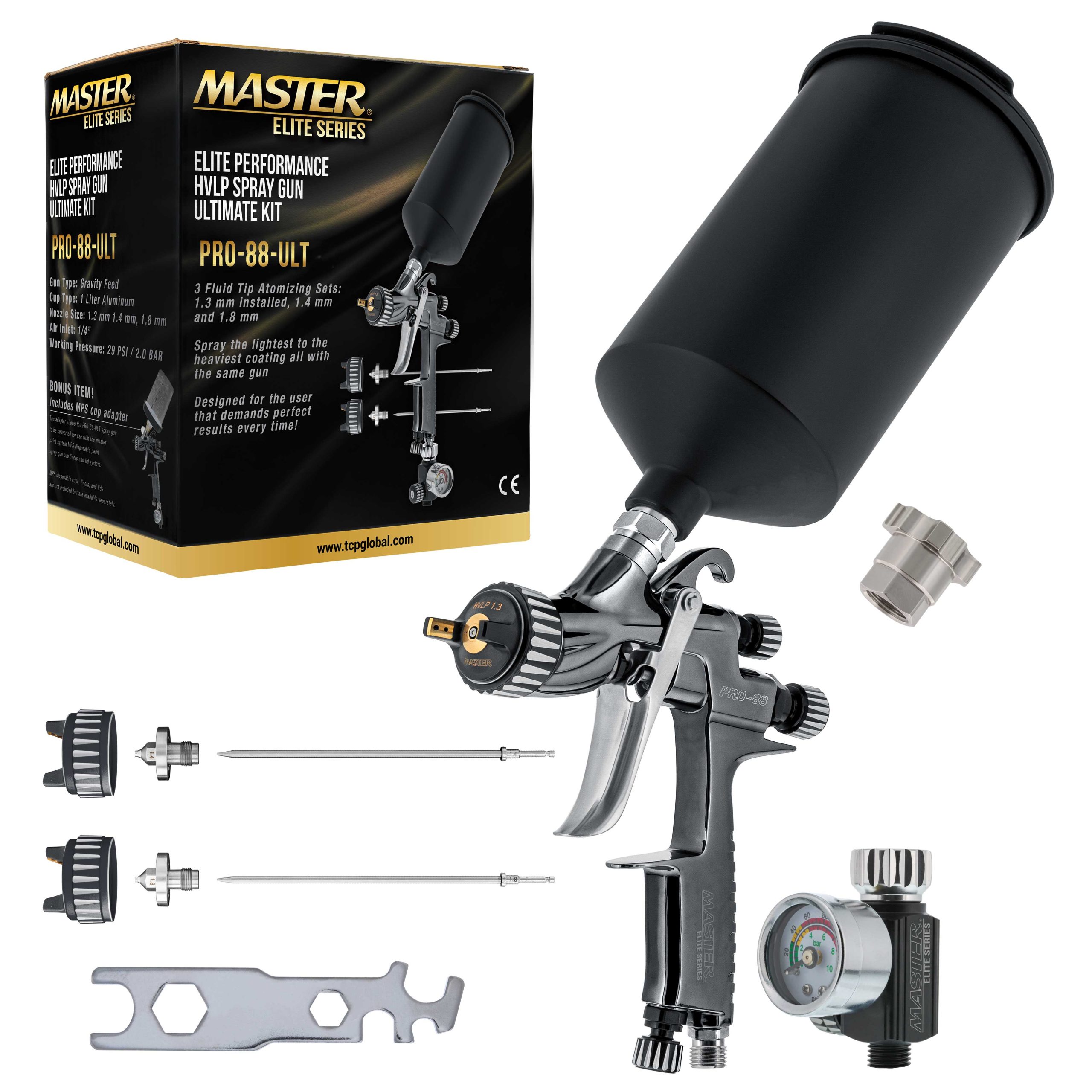 PRO-88 Series High-Performance HVLP Spray Gun Ultimate Kit with 3 Fluid Tip Sets 1.3, 1.4 and 1.8 mm, Air Pressure Regulator Gauge, MPS Adapter Hot on Sale